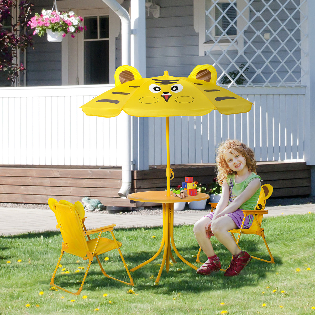 Ensemble Salon de Jardin Enfant 4 pcs Design Tigre - Table Ronde + 2 chaises Pliables + Parasol - métal époxy Oxford Jaune