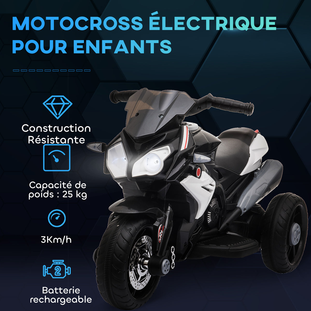 Elektro-Motorrad für Kinder, 3 Räder, 6 V, Elektroauto für Kinder mit Licht- und Soundeffekten, Geschwindigkeit 3 km/h, für 3 bis 5 Jahre, belastbar bis 25 kg, Schwarz und Weiß