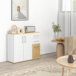 Buffet, meuble de rangement avec 3 portes, 2 tiroirs et étagère réglable, 90 x 30 x 75,5 cm, blanc et bois naturel
