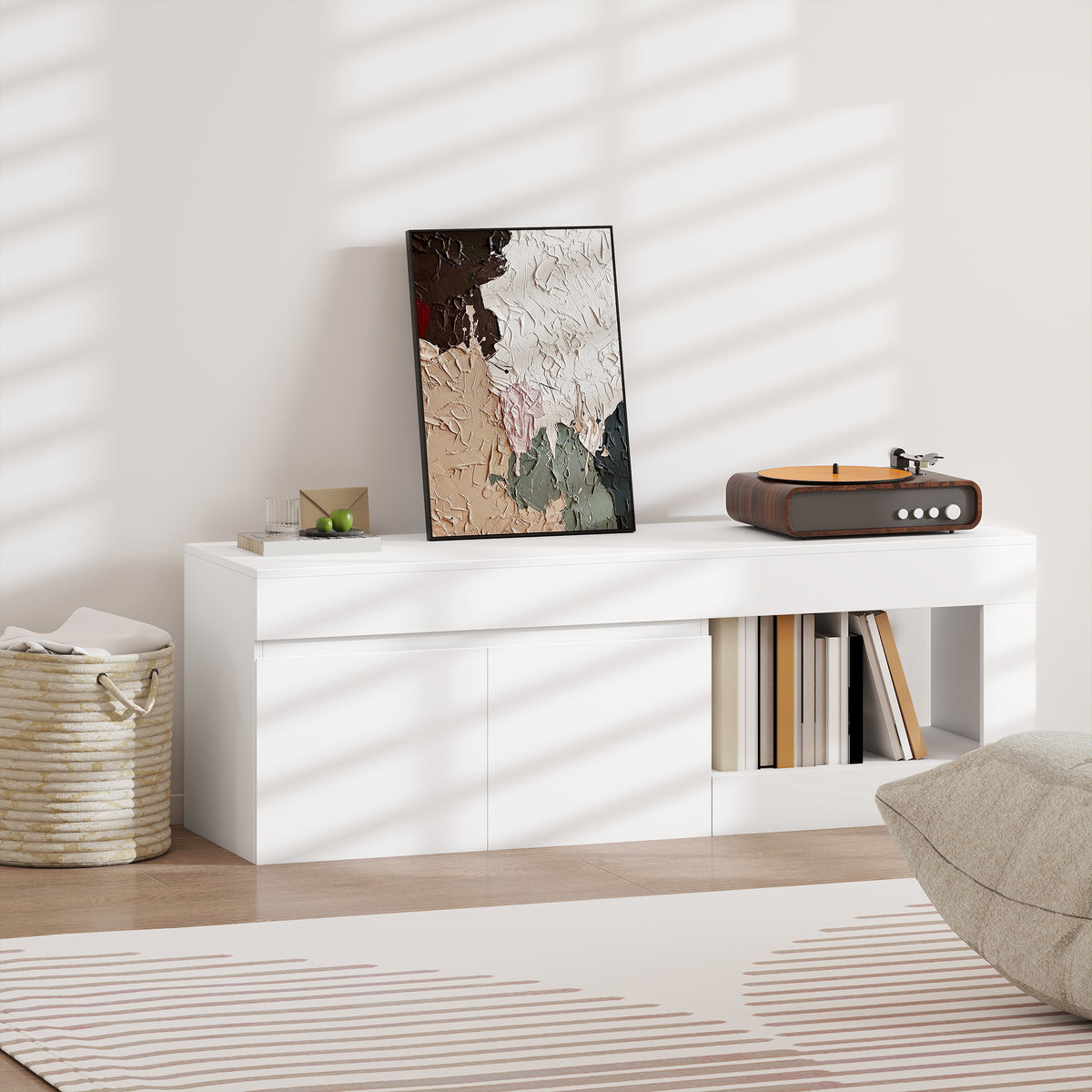 Meuble TV 2 portes pour téléviseurs jusqu'à 60 pouces, meuble télé avec placard et étagère ouverte, blanc