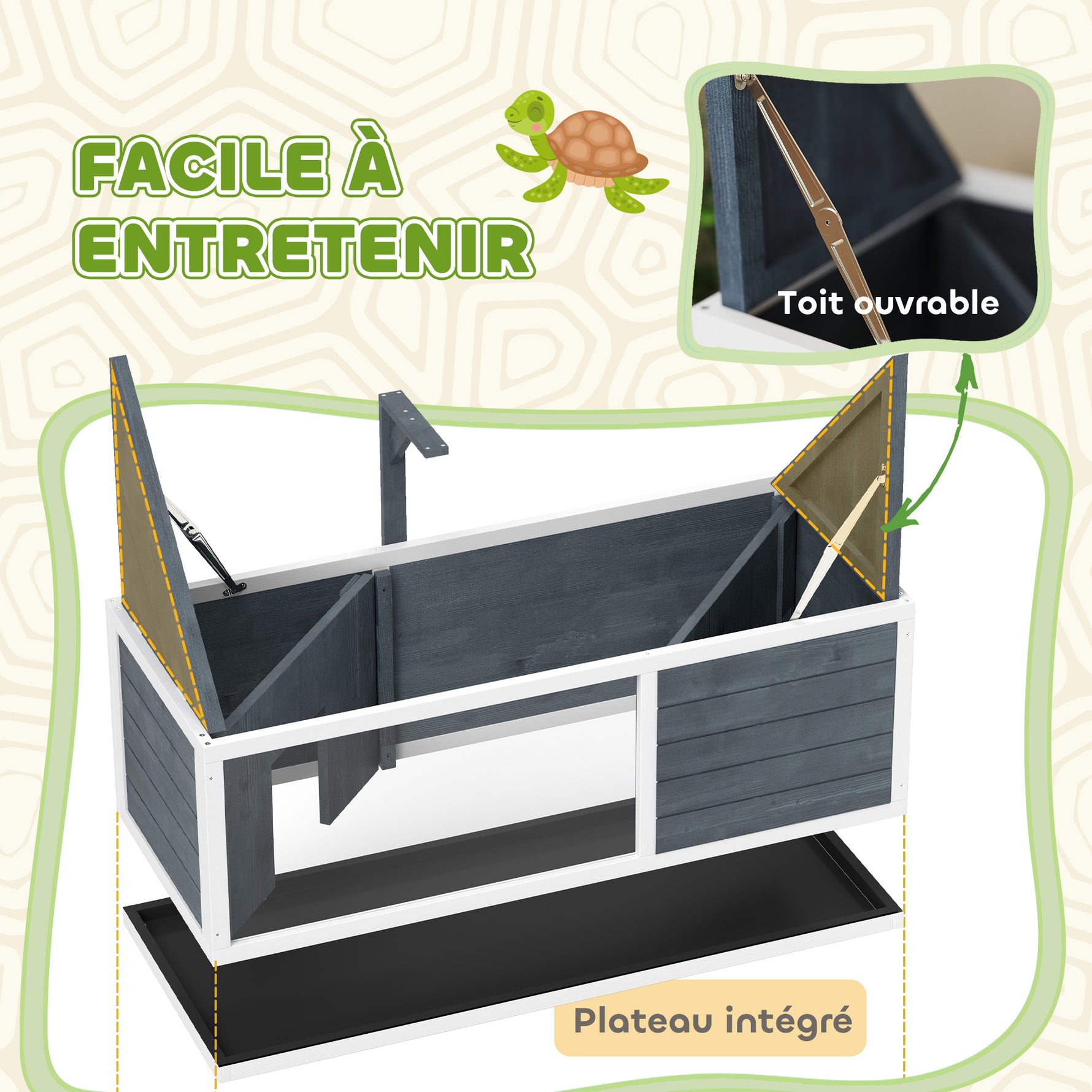 Maison pour tortues enclos avec toit ouvrant support lampe plateau fenêtre panoramique 120 x 50 x 40 cm gris