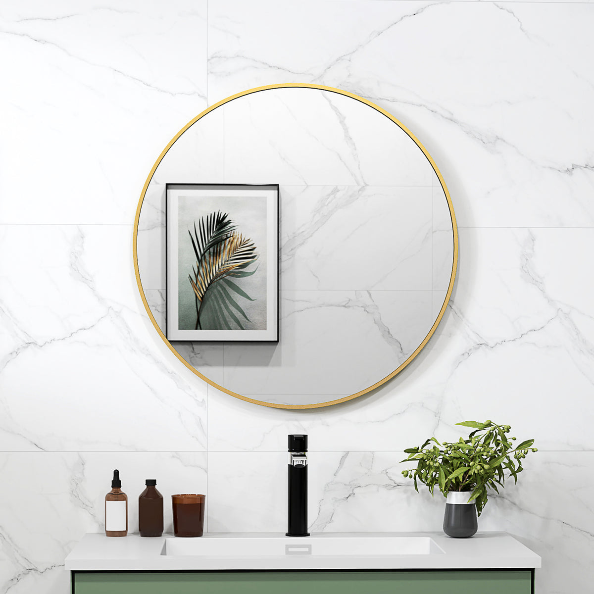 Miroir rond miroir salle de bain cadre en métal facile à installer, pour chambre, salon, entrée, Ø 70 x 2,5 cm or