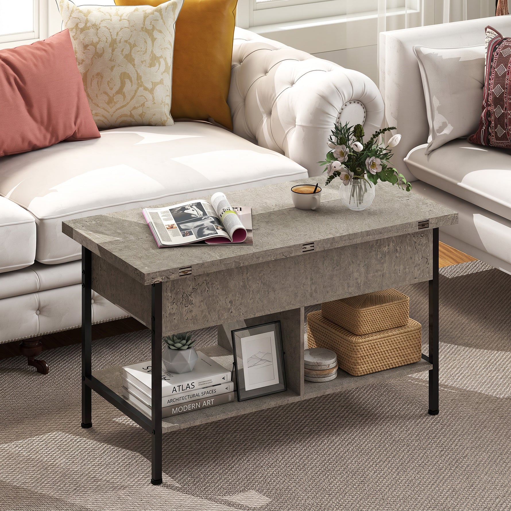 Table basse relevable et extensible, table de salon avec compartiment caché étagères ouvertes, 98x49x55cm, gris