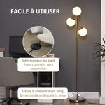 Lampadaire sur pied salon en métal avec 3 abat-jours globe blanc verre dépoli 40W Ø 27 x 169H cm doré
