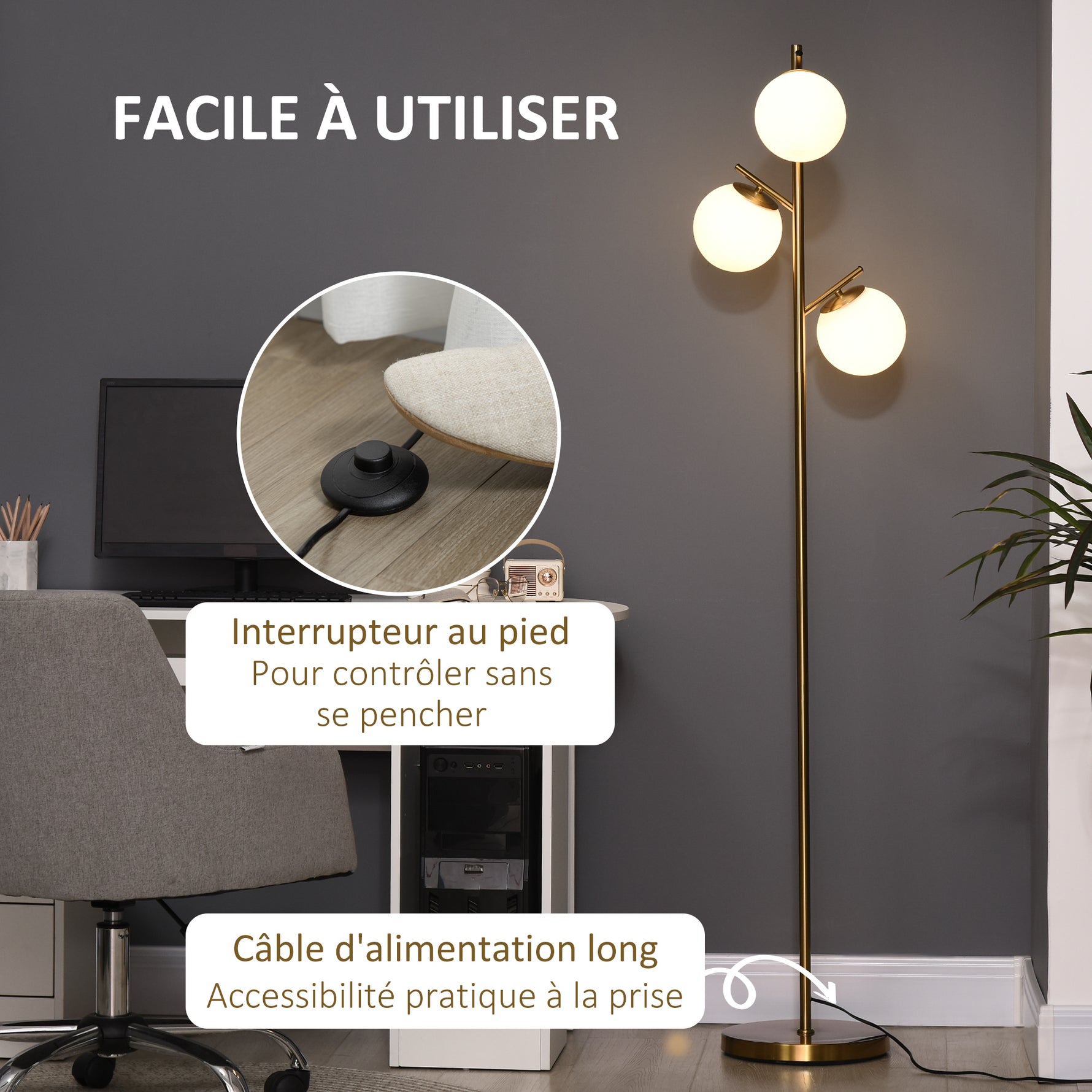 Lampadaire sur pied salon en métal avec 3 abat-jours globe blanc verre dépoli 40W Ø 27 x 169H cm doré
