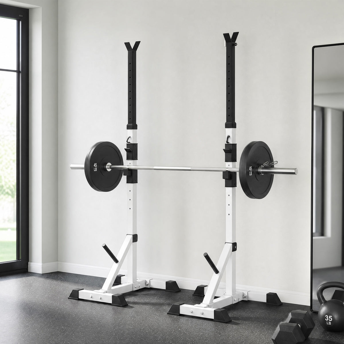 Verstelbaar Stalen Squat Rack, belastbaarheid 200 kg, houder voor 3 halterstangen met haken, 58,5x75,5x136-176 cm, zilver