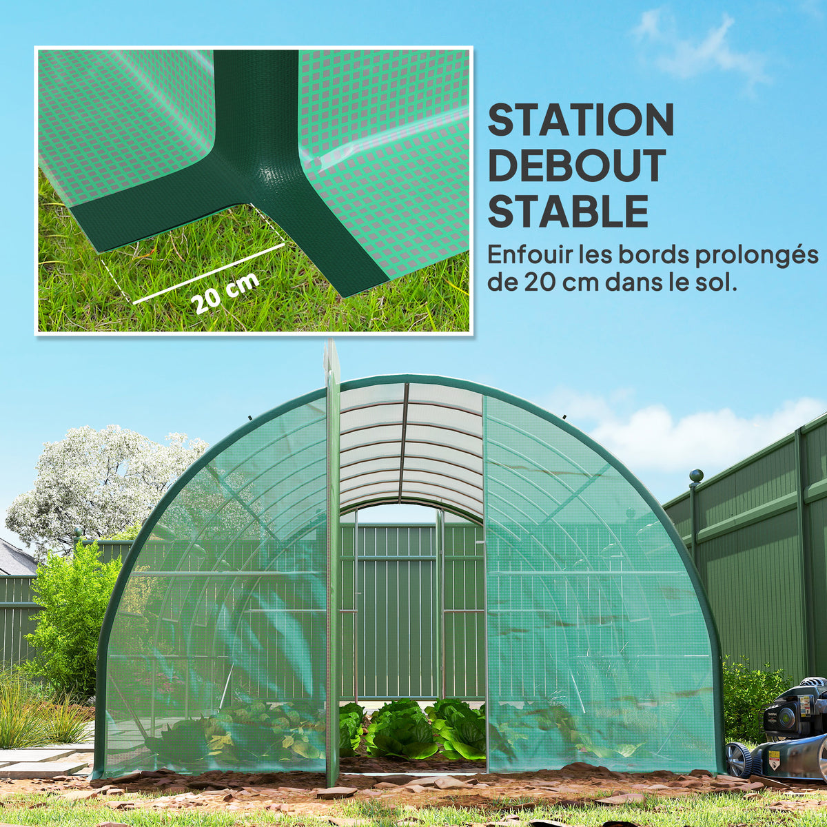 Serre de jardin tunnel serres tunnel 18 m² 8 fenêtres 2 portes articulées toile PE structure en fer galvanisé vert