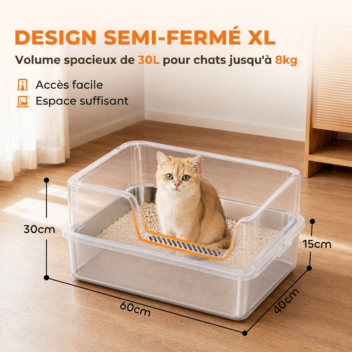 Bac Litière pour Chat en INOX Couvercle Bords Hauts Pelle et Tapis Anti-Adhérent Anti-Odeurs 60x40x30cm Gris Clair