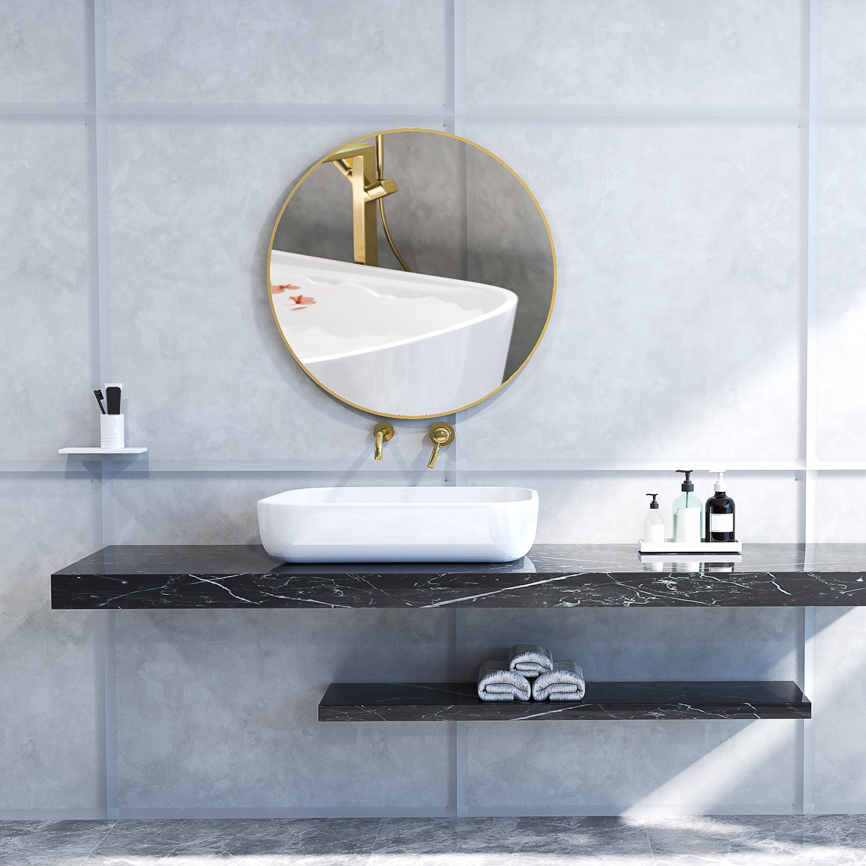 Miroir rond miroir salle de bain cadre en métal facile à installer, pour chambre, salon, entrée, Ø 70 x 2,5 cm or