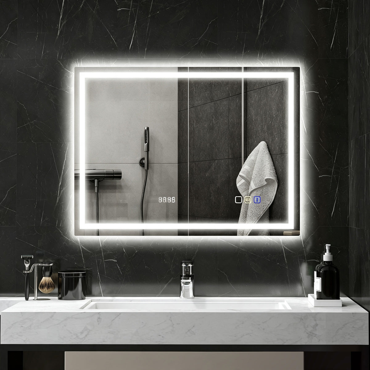 Miroir salle de bain LED bluetooth 60 x 80 cm interrupteur tactile lumière réglable 3 couleurs anti-buée mémoire argent