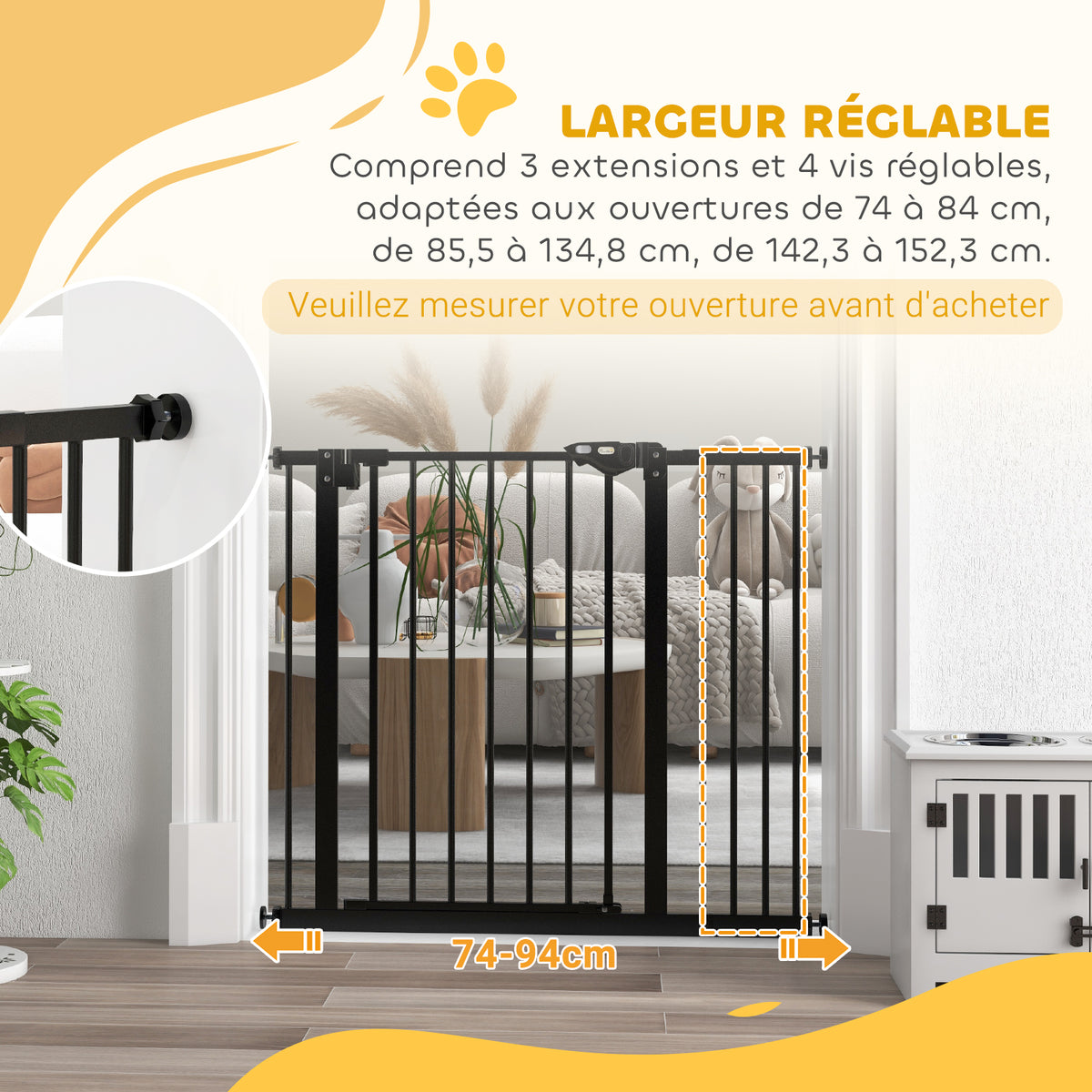 Barrière de sécurité animaux porte fermeture automatique système de double verrouillage sans perçage 1 extension noir