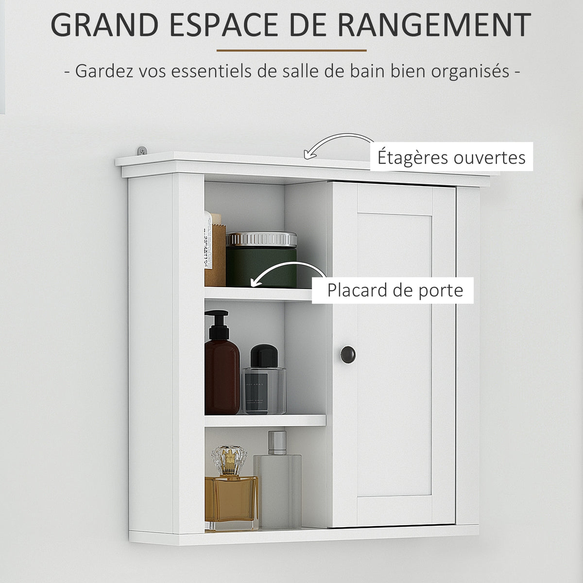 Armoire Murale de Salle de Bain Meuble Suspendu WC Placard 1 Porte 3 niches dim. 53L x 14,5l x 50,5H cm en bois Blanc