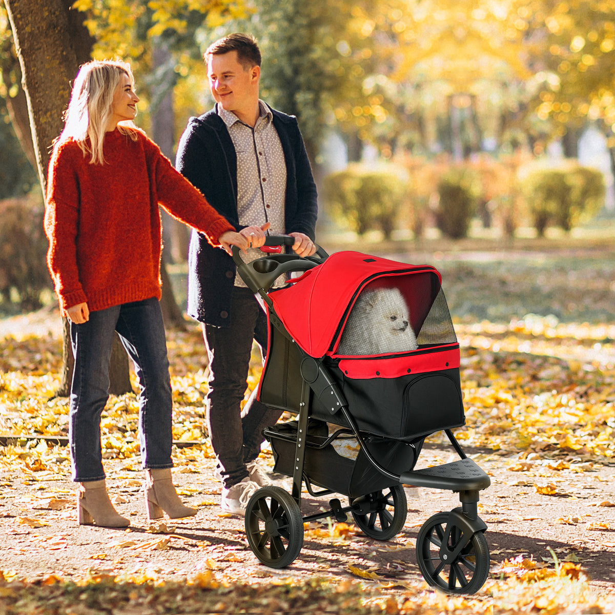 Passeggino per cani carrello pieghevole 3 ruote fuoristrada EVA 12" capottina regolabile 2 guinzagli 109,5x57,5x106,5cm rosso