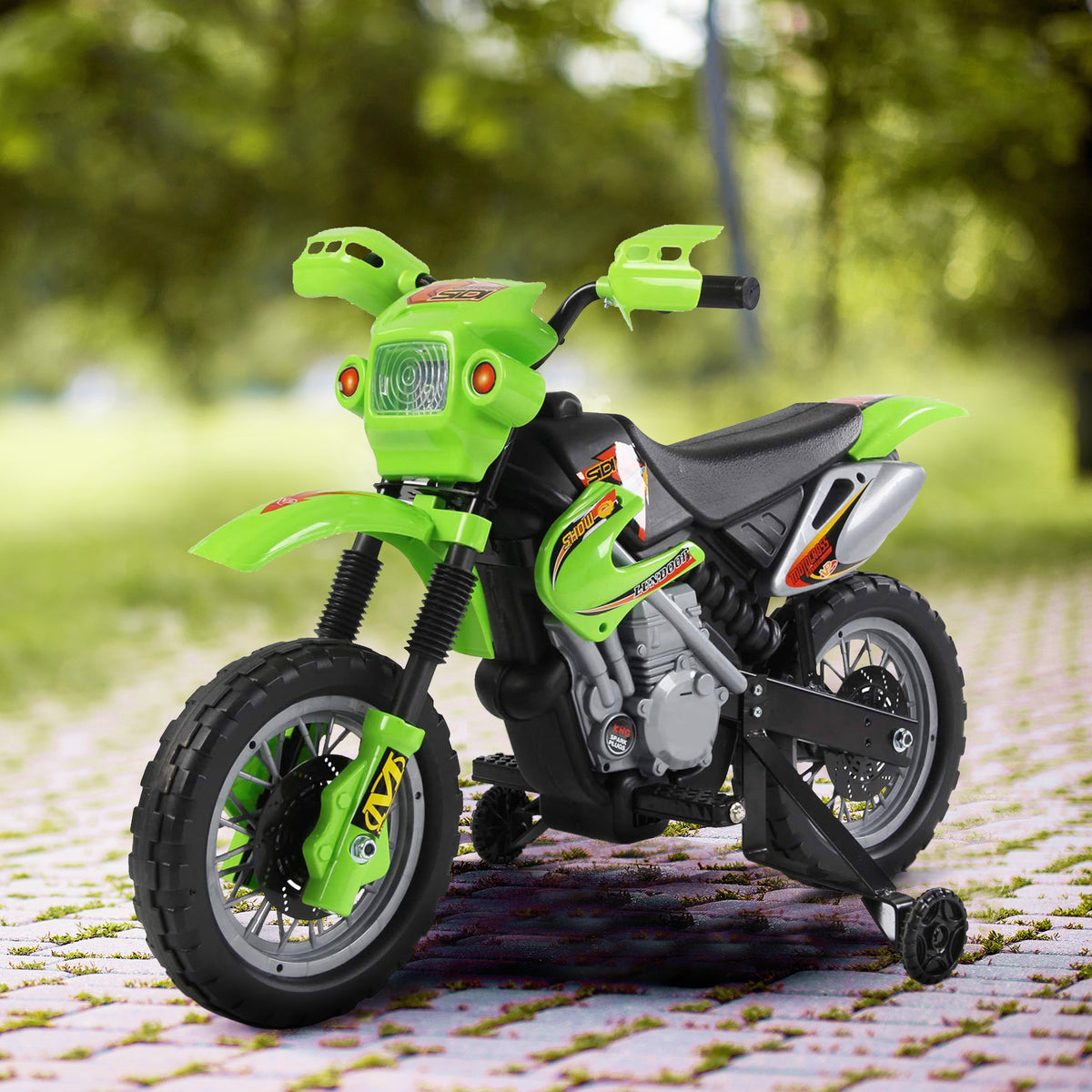Elektro-Motorrad für Kinder, Kinder-Motocross mit 6-V-Batterie, Scheinwerfern, Musik und Stützrädern, 3 bis 6 Jahre, Traglast 25 kg, Grün und Schwarz