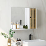 Armoire de salle de bain avec miroir, étagère, porte à lattes en bambou et étagère réglable, blanc
