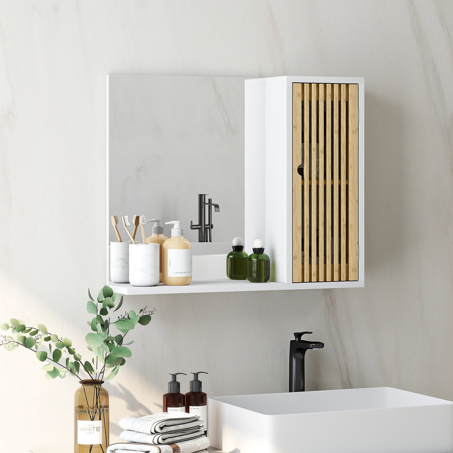 Armoire de salle de bain avec miroir, étagère, porte à lattes en bambou et étagère réglable, blanc