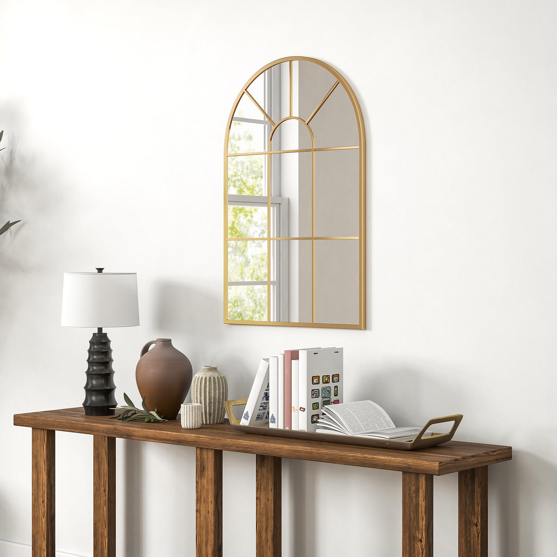 Miroir mural en métal cadre doré en forme de voûtée – 91 x 60 cm – décoration pour entrée ,chambre à coucher, salon