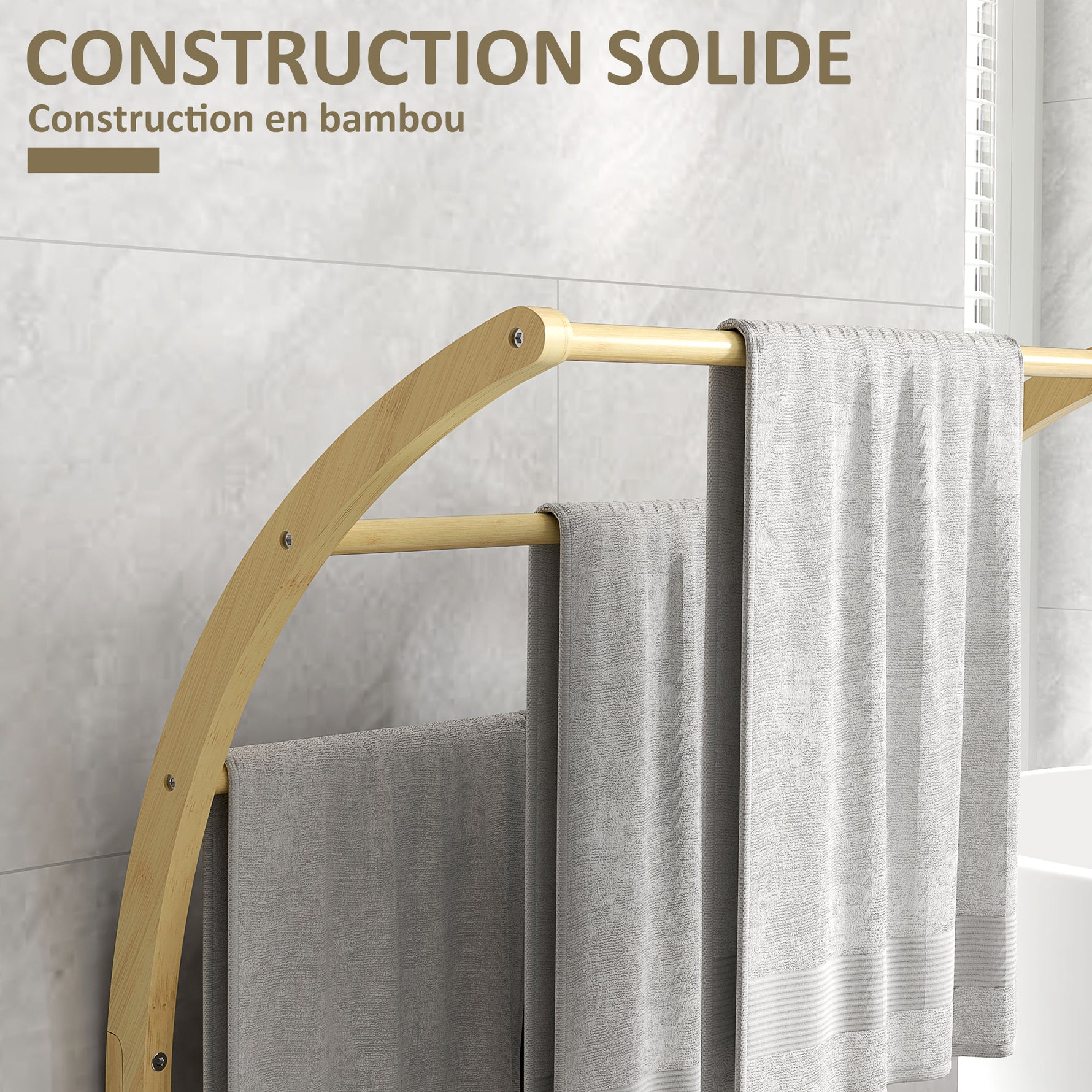 Porte-serviettes en bambou 3 barres avec étagère de rangement, pour la salle de bains et la buanderie, finition naturel