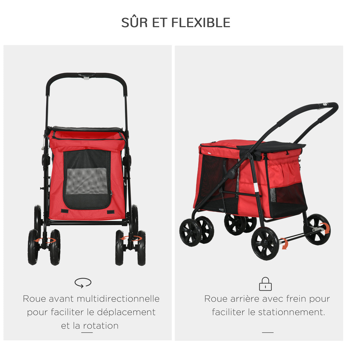 Passeggino pieghevole per animali cane gatto con cuscino incluso ruote con freno tessuto Oxford 600D 102 x 62 x 105 cm rosso