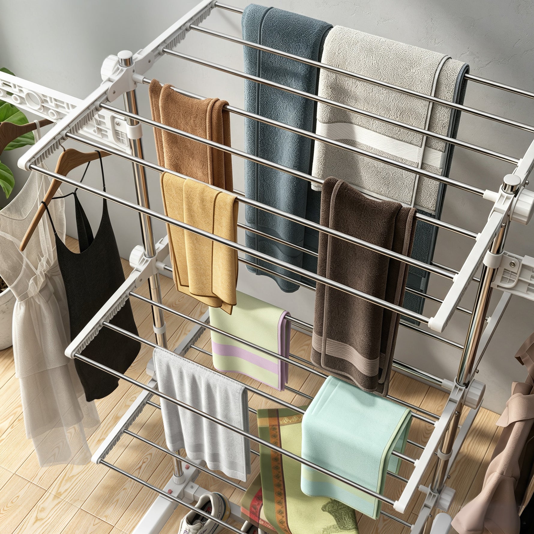 Étendoir à Linge 3 Niveaux, Sechoir a Linge avec 6 Roulettes, Pliable, Cadre en Acier Inoxydable et Ailes Latérales, pour Intérieur Extérieur, 142 x 55 x 152 cm, Blanc