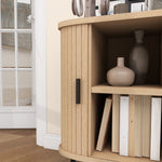 Buffet meuble de rangement avec portes coulissantes à lattes, armoire de cuisine avec pieds en acier, ton chêne