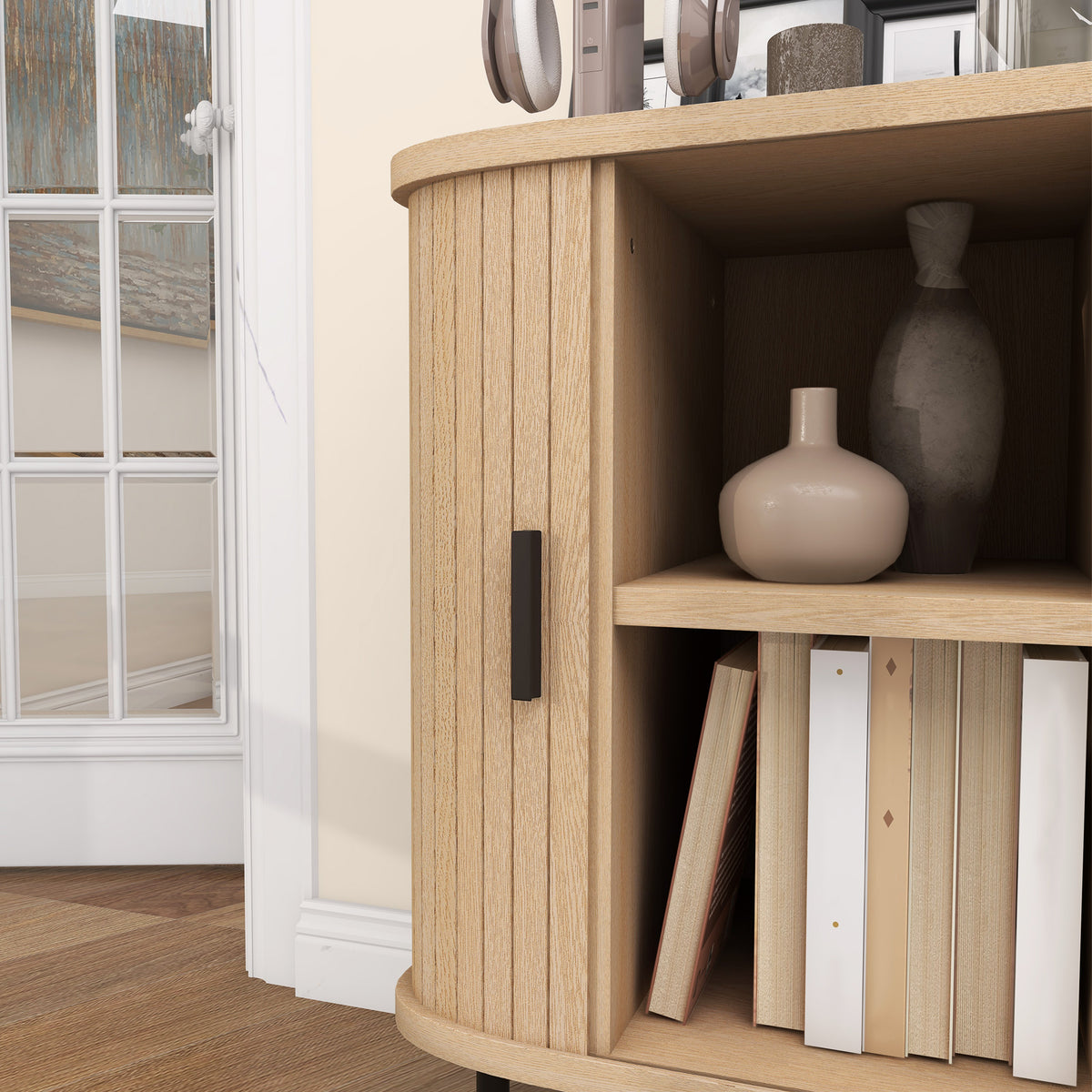 Buffet meuble de rangement avec portes coulissantes à lattes, armoire de cuisine avec pieds en acier, ton chêne