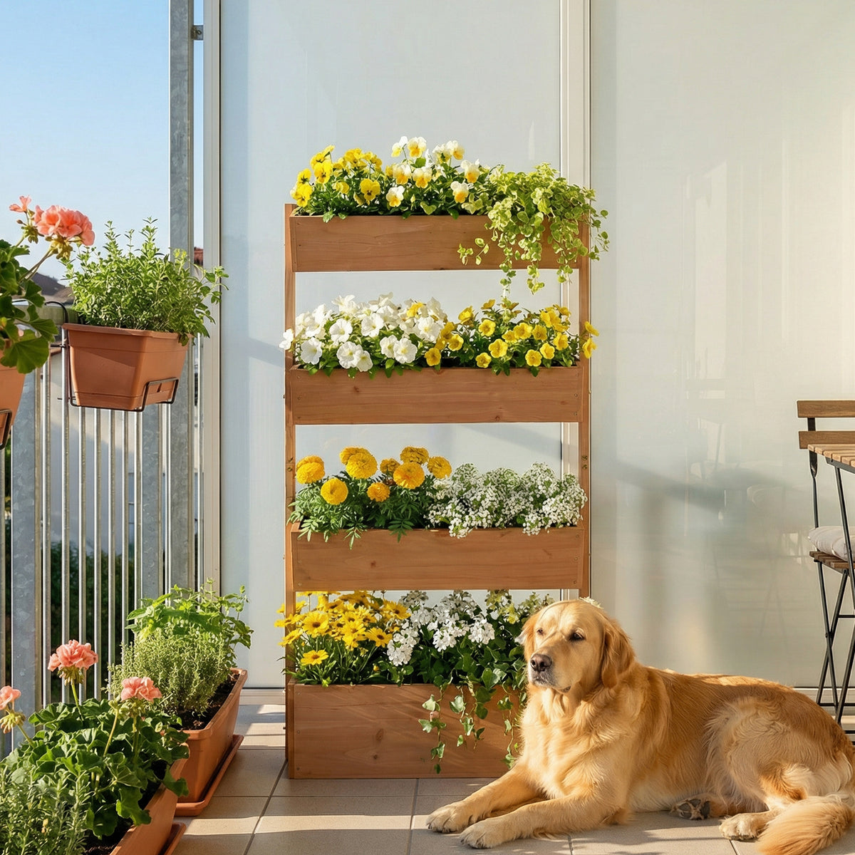 Jardinière Surélevée en Bois avec 4 Étages, avec Trous de Drainage et Doublure en Tissu, 85x45x140cm, Marron
