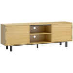 Meuble TV, meuble télé jusqu'à 65 pouces, 2 portes à ouverture par pression et 2 étagères, 160x35x55,5cm, bois naturel