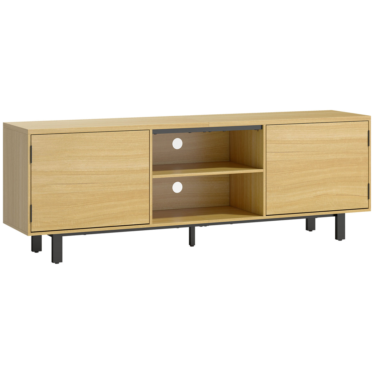Meuble TV, meuble télé jusqu'à 65 pouces, 2 portes à ouverture par pression et 2 étagères, 160x35x55,5cm, bois naturel