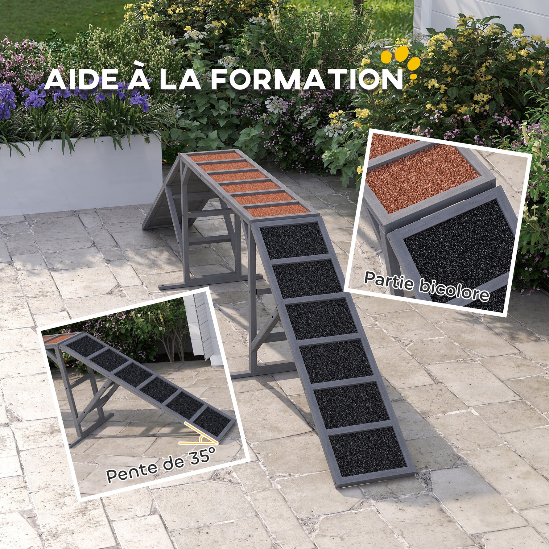 Rampe d'agilité pour chien, équipement d'agilité pour chiens, barres de sécurité surface antidérapante 335x55x60cm gris