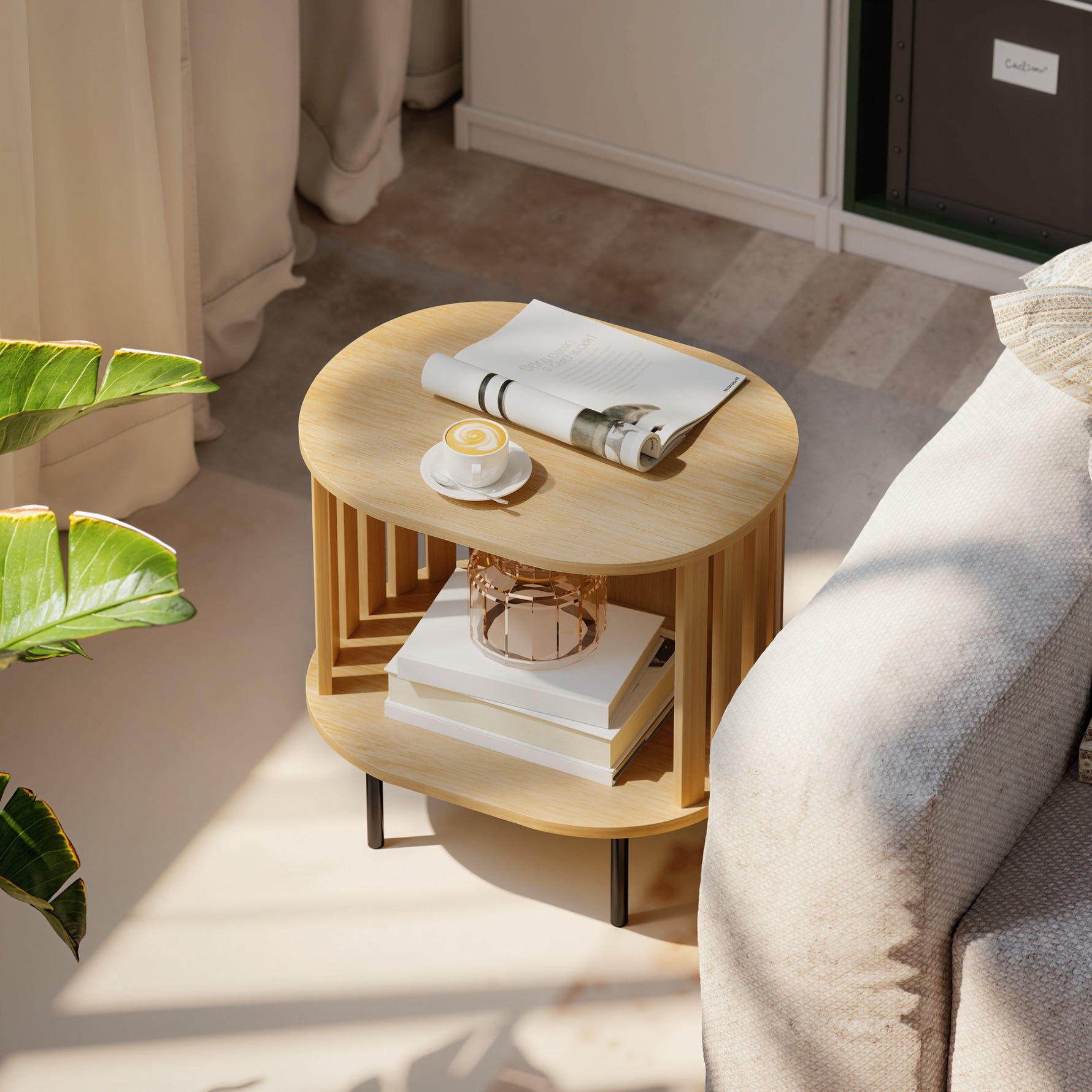 Table d'appoint ovale bout de canapé rangement ouvert pieds en acier design à lattes 50x39x50cm effet bois naturel