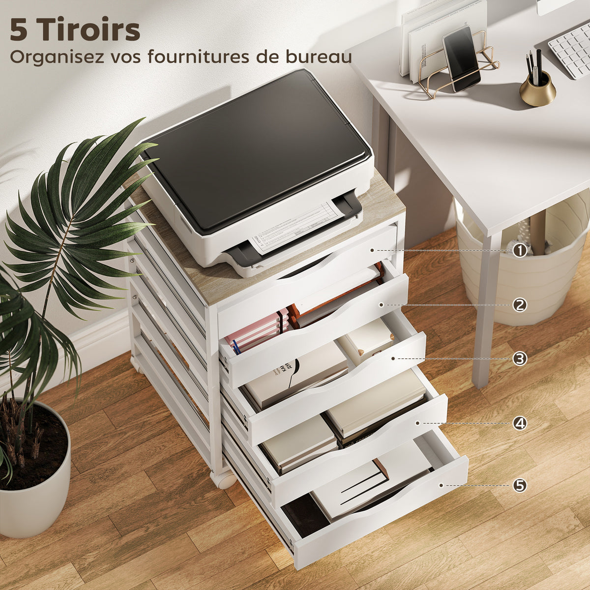 Cajonera de oficina móvil, mueble de almacenamiento con ruedas de madera con 5 cajones, tiradores integrados, 50 x 40 x 74,5 cm, blanco
