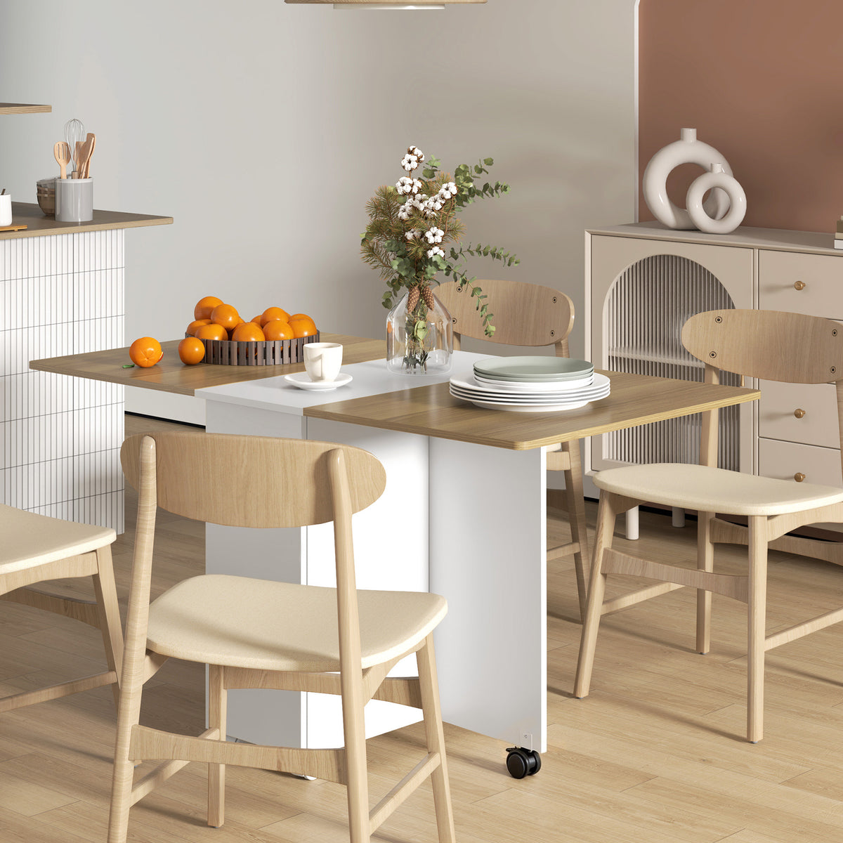 Mesa de comedor plegable para 6 personas, mesa de cocina con ruedas, 2 cajones y 2 armarios, 140x76x74cm, blanco