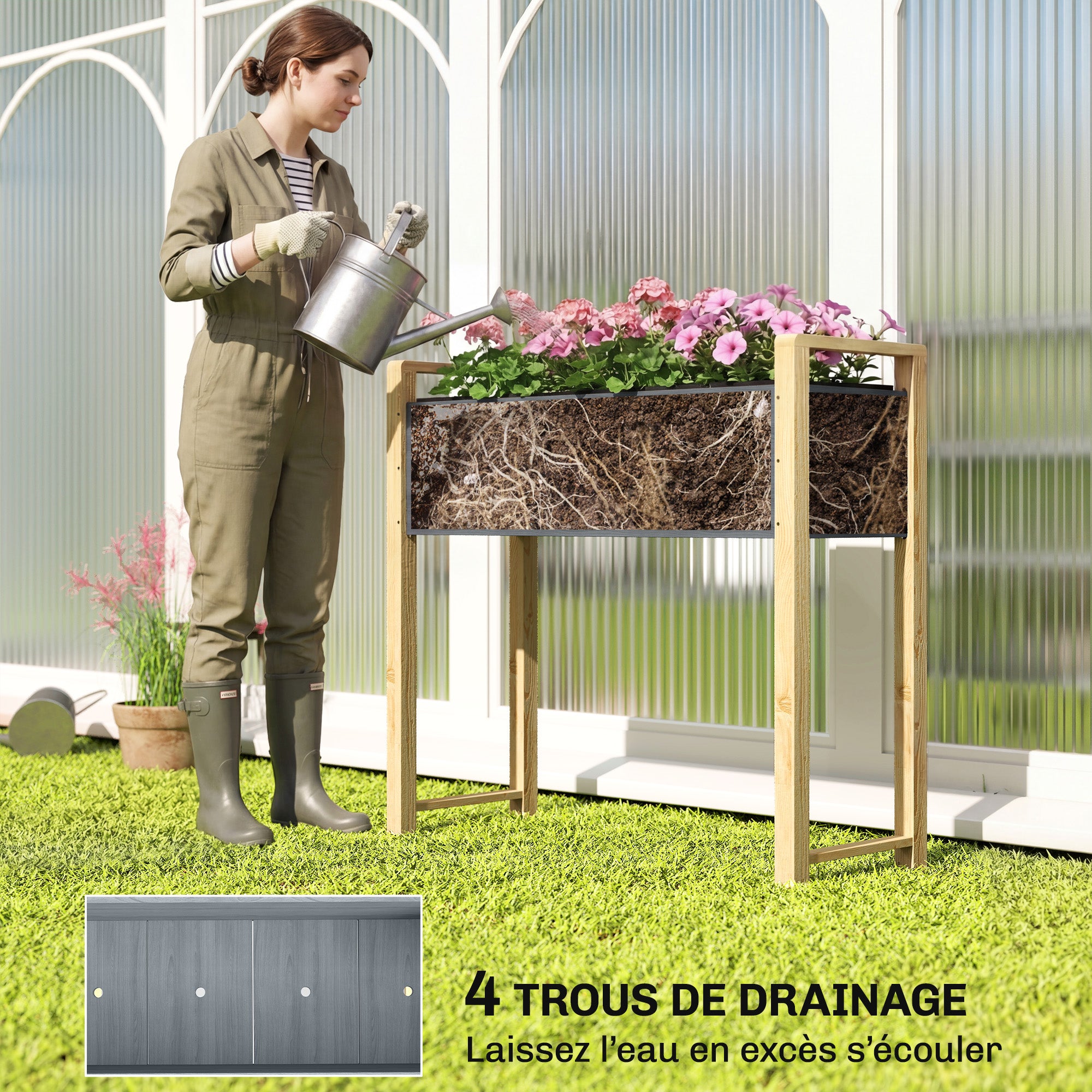 Carré Potager avec pieds Lit de Jardin Surélevé 4 trous de drainage et Tissu non tissé,  98 x 37 x 90 cm, gris