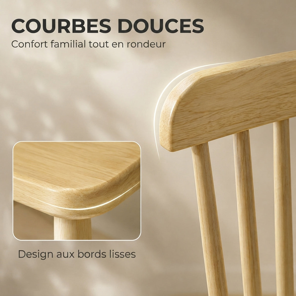 Lot de 2 Chaises de Salle à Manger, Chaises Cuisine en Bois d'Hévéa, Dossier Incurvé, Bords Arrondis, Bois Naturel