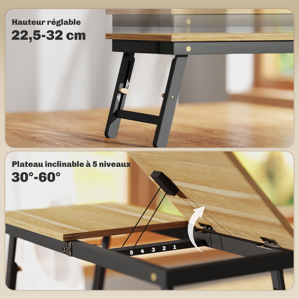 Table de lit pliable et réglable, plateau de lit pour ordinateur portable en bambou - plateau inclinable, tiroir, chêne