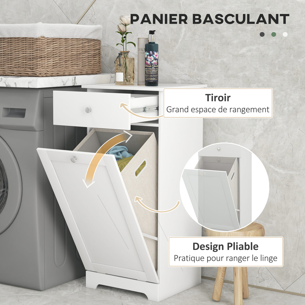 Meuble de salle de bain avec panier à linge, meuble de rangement avec tiroir - 40L x 38l x 90,5H cm - blanc