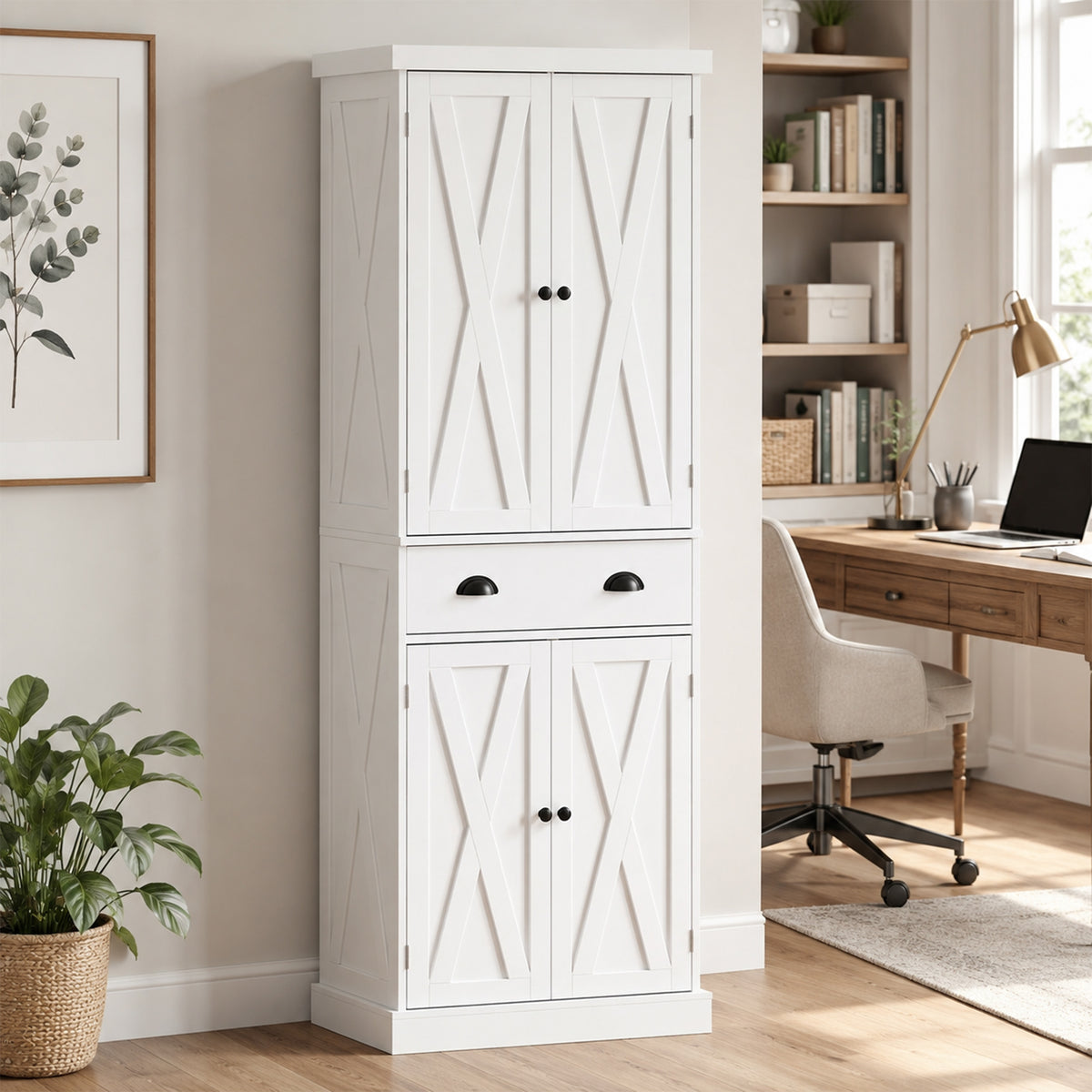 Aparador alto de cocina, armario de cocina con 4 puertas, cajón y estantes ajustables, estilo rústico, 62x38x173cm, blanco
