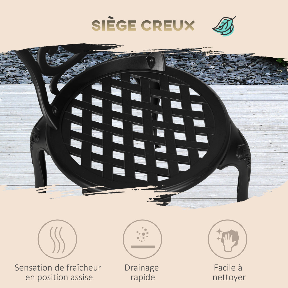 Conjunto de salón de jardín para 2 personas: 2 sillas + mesa redonda de estilo retro encantador en aluminio fundido, negro