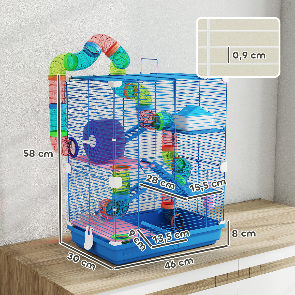 Cage pour hamster rongeur 4 étages avec tunnels mangeoire roue maison échelles 46 x 30 x 58 cm bleu