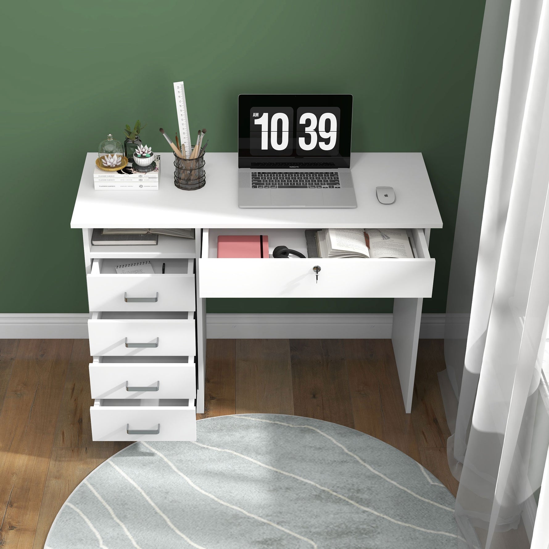 Bureau moderne avec 5 tiroirs, grand plateau, 1 compartiment ouvert, tiroir verrouillable, 110 x 50 x 76cm, blanc