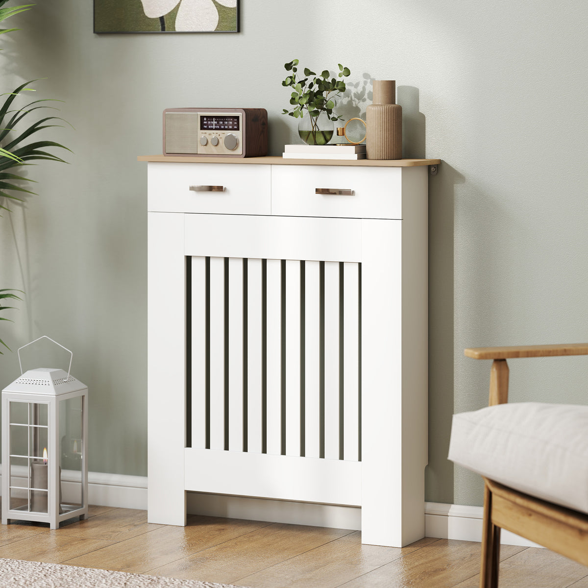 Cache-radiateur avec tiroir de rangement, meuble cache-radiateur en bois à lattes verticales, 78 x 19 x 97 cm, blanc