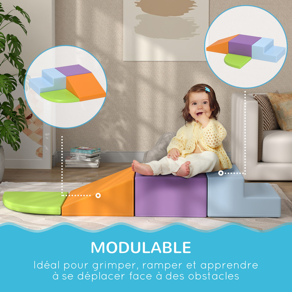 4 blocs de construction XL - modules de motricité - mousse EPE polyuréthane, vert orange violet et bleu