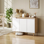 Credenza da soggiorno, mobile contenitore, 3 ante, ripiani regolabili e gambe in legno di gomma, 107x35x76,5 cm, bianco e rovere