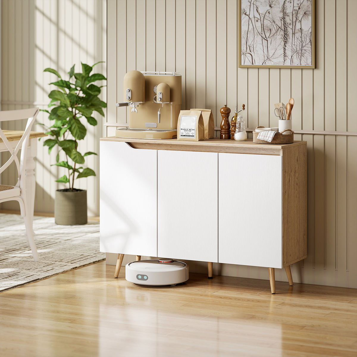 Credenza da soggiorno, mobile contenitore, 3 ante, ripiani regolabili e gambe in legno di gomma, 107x35x76,5 cm, bianco e rovere