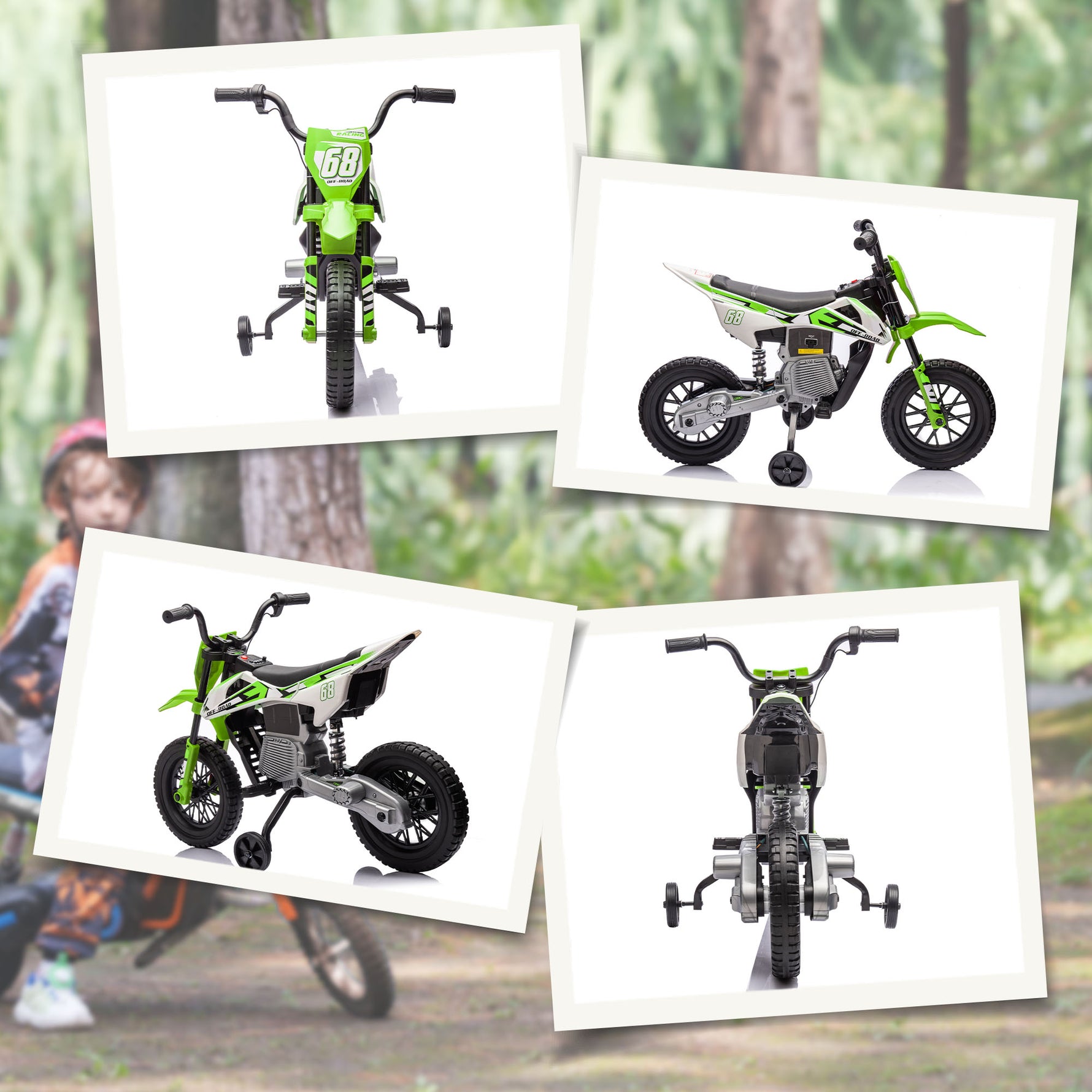 Moto électrique pour enfant moto cross pour enfants de 3 à 6 ans 2 moteurs 12V vitesse max. 5 km/h vert