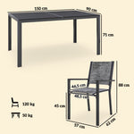 Table de jardin extérieure avec 6 chaises empilables, plateau à lattes 150 cm, structure en acier anti-rouille, noir