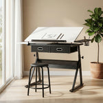 Drawing table with stool and 2 drawers, adjustable height, tiltable tabletop 0° to 60°, 120 x 60 x 68-92 cm, white