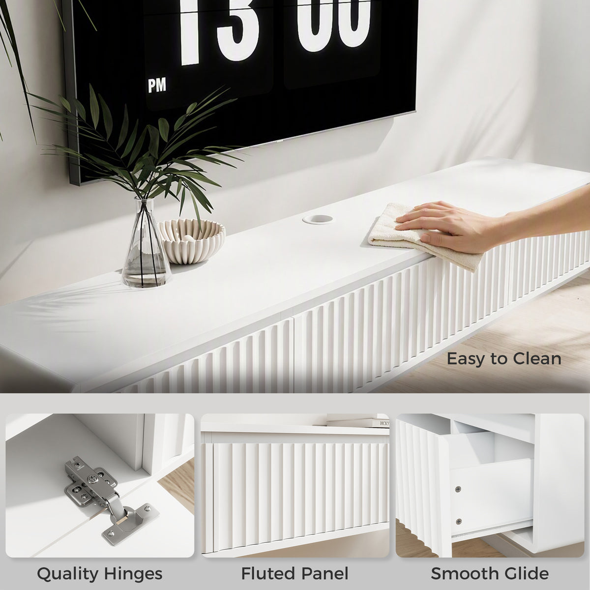 Meuble TV Suspendu Flottant 160 cm avec Éclairage LED et Prises, Meuble Télé pour Téléviseur 72 Pouces, Blanc