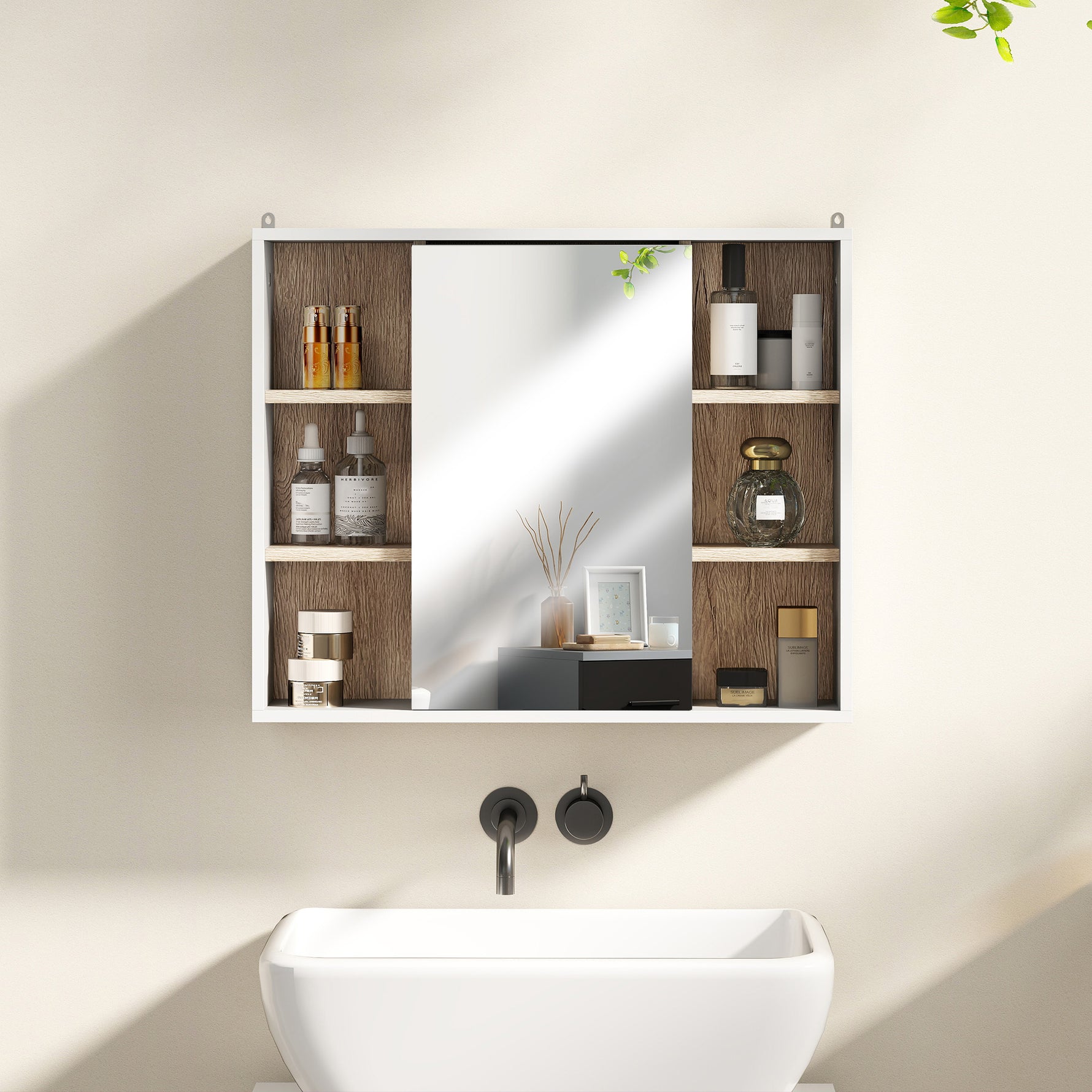 Armoire murale, meuble salle de bain avec miroir, miroir salle de bain avec rangement, placard à portes et 6 compartiments ouverts, 60 x 14,5 x 49,4 cm, blanc